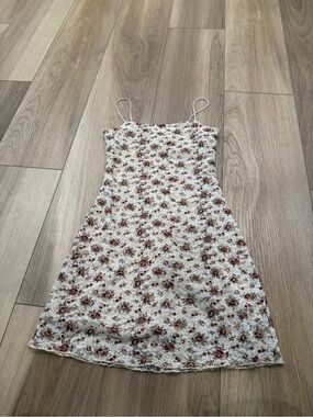 Y2K illusion paper tag Floral Lace Slip Dress in Cream with Brown Floral Print